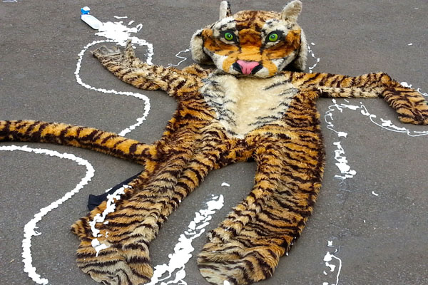 Gambaran sosok harimau yang menjadi korban karena habitat tergerus kala aksi global di Jakarta, Sabtu (29/3/14). Foto: Sapariah Saturi