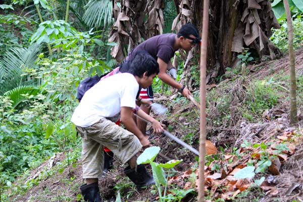 Anggota Komunitas Herpetologi Mania tengah melakukan penelitian mencari berbagai spesies amfibi di hutan Simbahe. Foto: Ayat S Karokaro