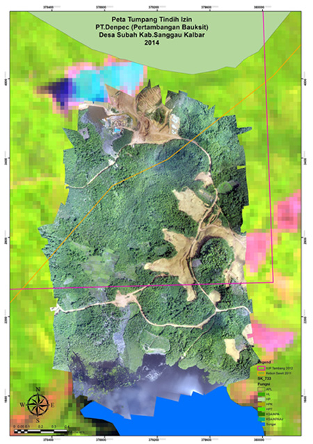 Inilah peta yang dihasilkan melalui pesawat tanpa awak atau drone dan mendeteksi kawasan tumpang-tindih antara hutan adat dengan perusahaan pemegang konsesi. Peta: Dokumentasi Swandiri Institute