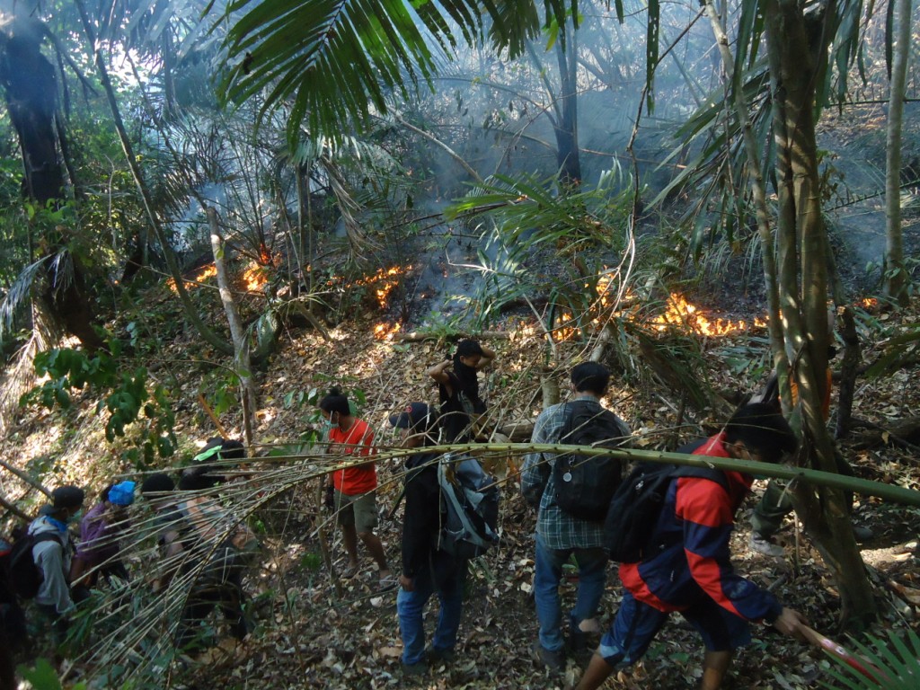 Relawan dari kelompok pecinta alam di Sulawesi Utara memadamkan api di Cagar Alam Tangkoko, Bitung, Sulut pada Minggu (27/09/2015). Pada Agustus - September 2015, sekitar 1.523, 98 hektar atau 17,44% kawasan konservasi di Sulut terbakar, yang menjadi kebakaran terluas dalam 4 tahun terakhir. Foto : Themmy Doaly