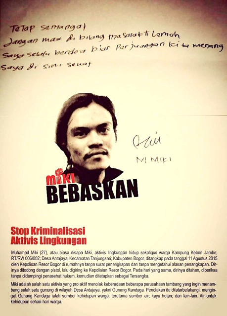 Poster desakan untuk membebaskan Miki dan stop kriminalisasi aktivis lingkungan. Foto: Dok Yayasan Satu Keadilan