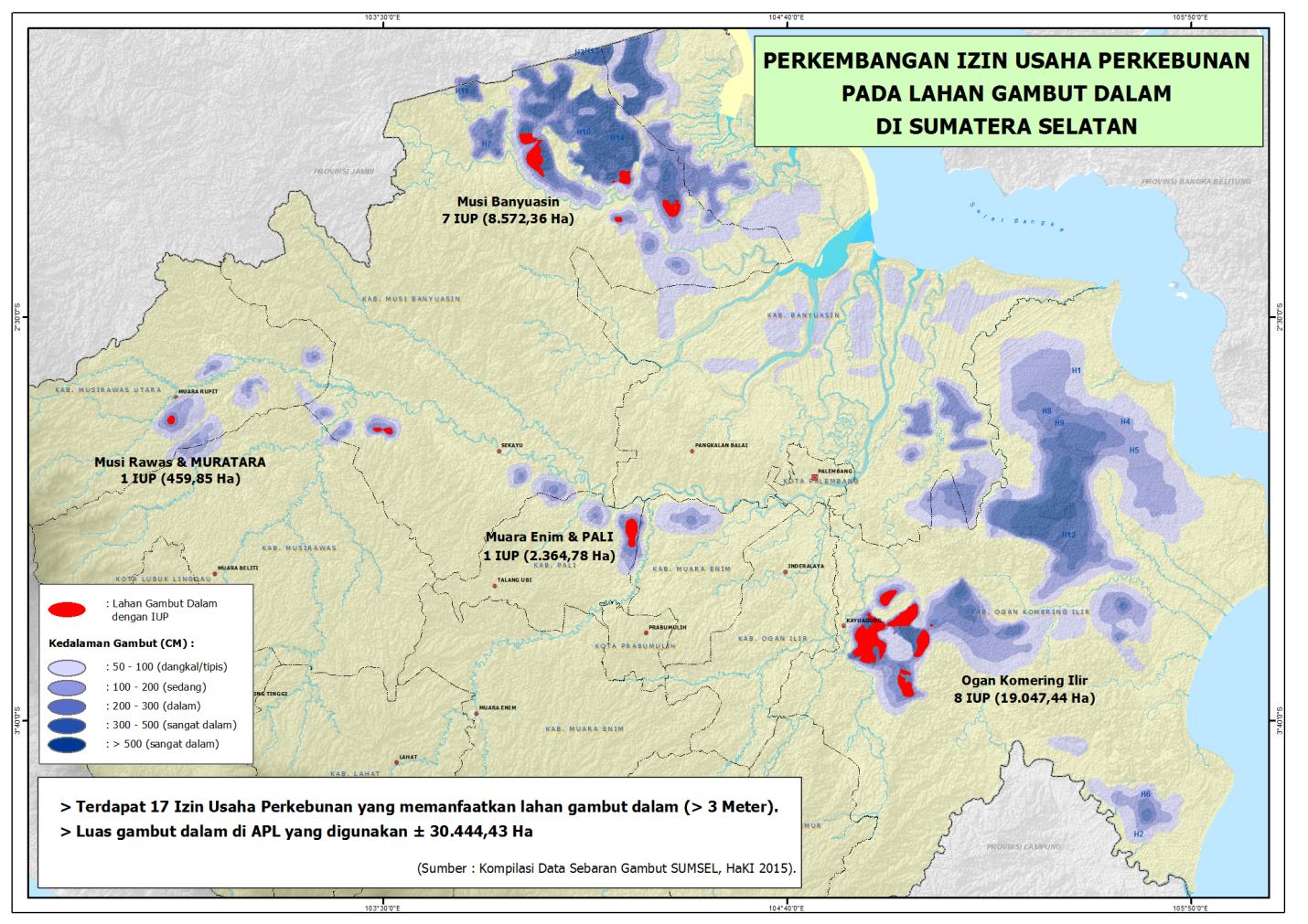 Peta IUP di lahan gambut Sumatera Selatan. Peta: HaKI