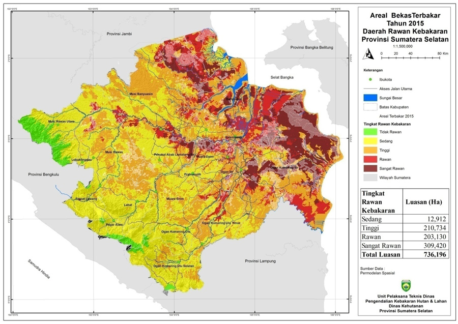 Tingkat rawan areal terbakar tahun 2015. Peta: Dinas Kehutanan Sumsel