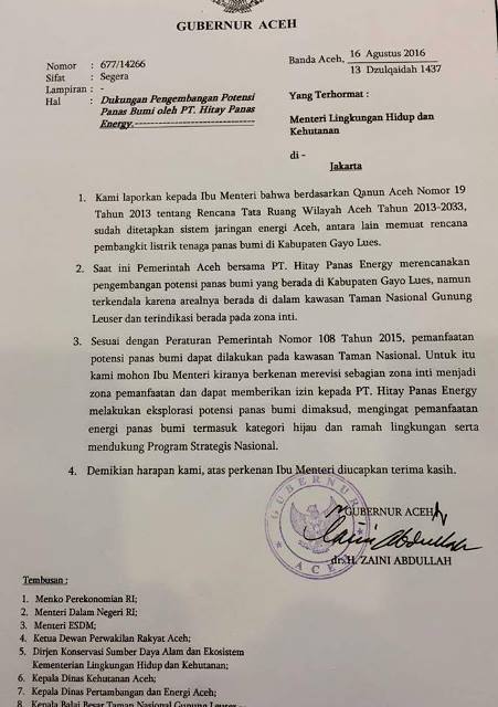 Surat Gubernur Aceh yang ditujukan ke Menteri LHK untuk merevisi zona inti TNGL. Sumber: KPHA