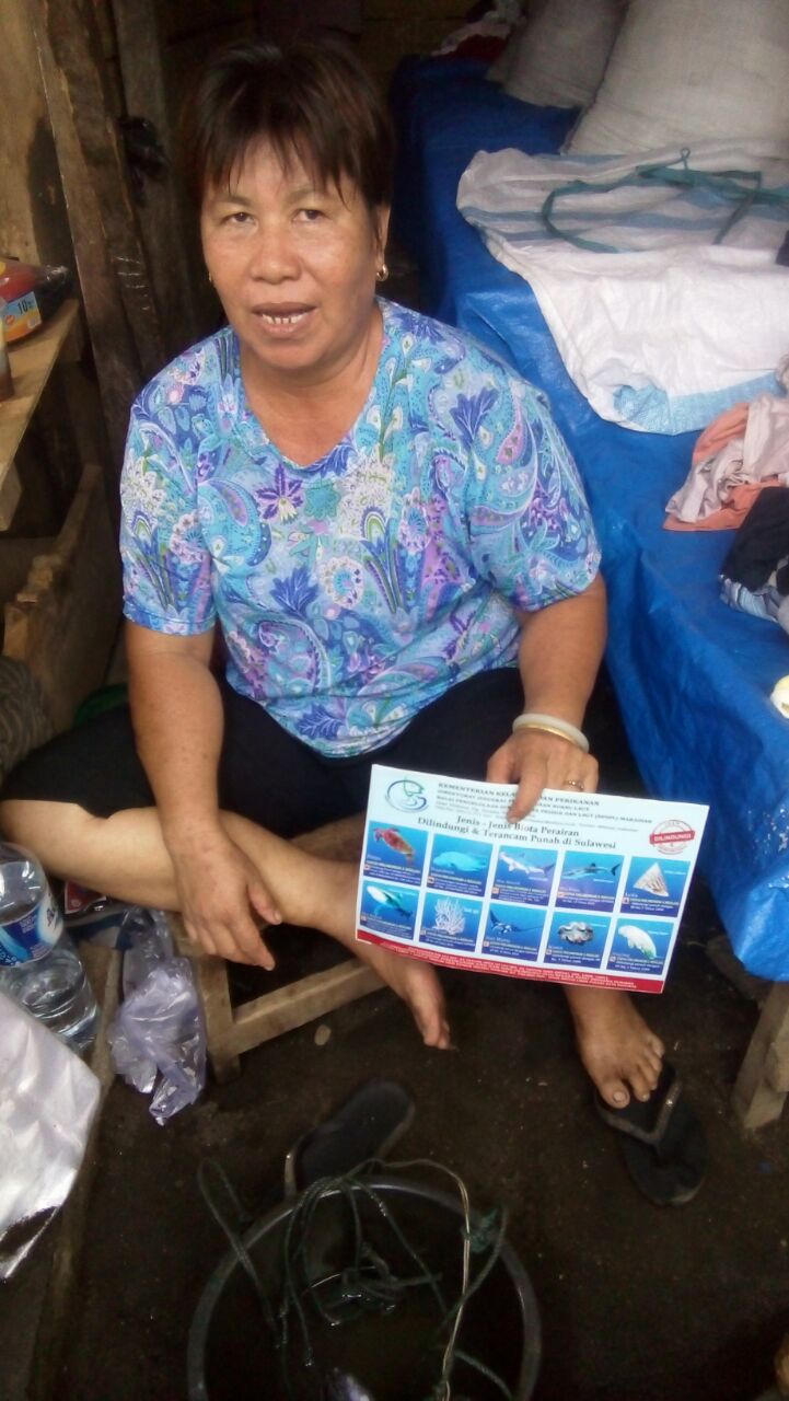 Nancy Mononimbar penjual penyu hijau (Chelonia mydas), di Pasar Amurang di Kabupaten Minahasa Selatan (Minsel), Sulawesi Utara, pada Rabu (28/09/2016) diberi peringatan dan diberi stiker perlindungan berbagai jenis ikan dilindungi untuk ditempel dilapaknya Foto : Asriade / Satker Manado -BPSPL Makassar 