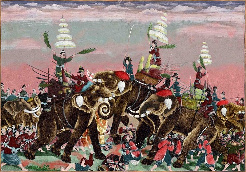 Ilustrasi perang pasukan gajah antara bangsa Siam dan Champa. Kemungkinan besar, seperti inilah pasukan gajah Sriwijaya, sebab kedua bangsa ini ditaklukkan Sriwijaya dengan pasukan gajah. Sumber: Wikipedia