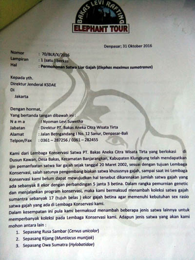 Surat yang dikirimkan PT. Bakas Aneka Citra Wisata Tirta akan permintaan gajah sumatera. Dok. BKSDA Bengkulu - Lampung
