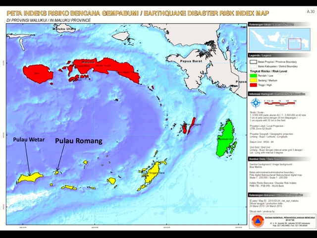 Peta bencana memperlihatkan, Pulau Romang, rawan gempabumi level sedang. Peta: BNPB