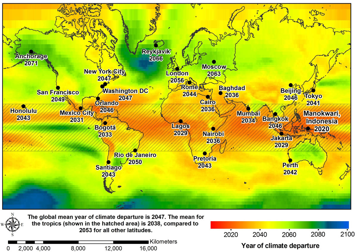 Prediksi dampak perubahan iklim di berbagai kawasan di dunia, menurut penelitian para pakar di University of Hawaii. Sumber: University of Hawaii/Livescience.com. Silakan klik untuk memperbesar peta