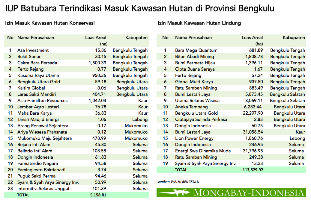 A list of mining business permits (IUP) for coal in Bengkulu's conservation forest and protected forest areas. Source: Walhi B