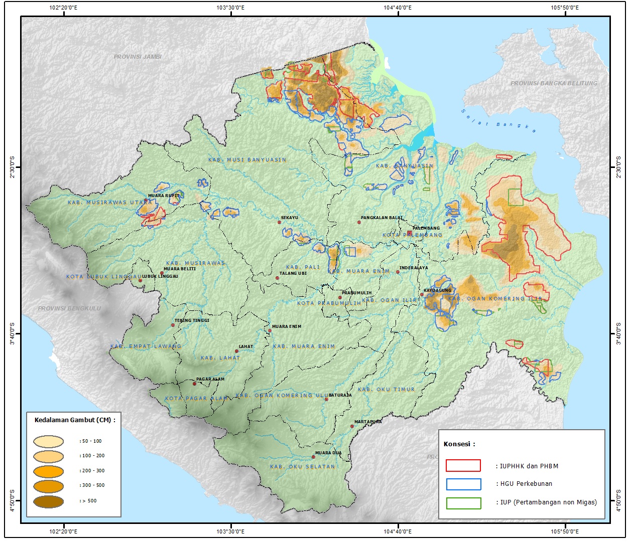 Peta persebaran lahan gambut di Sumatera Selatan. Sumber: HaKI