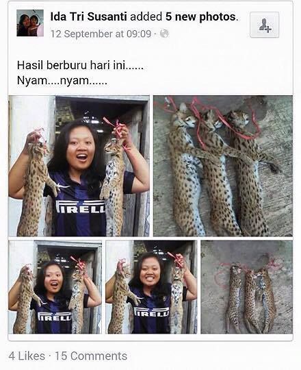 Foto kucing hutan, satwa dilindungi, hasil buruan yang diunggah di akun Ida Tri Susanti. Sumber: Facebook  