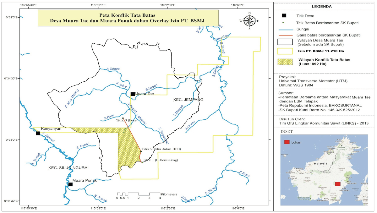 Overlay peta wilayah Muara Tae (sebelum SK Bupati), arsiran adalah wilayah konflik yang masuk dalam izin lokasi anak perusahaan First Resources (garis kuning). Daerah yang diarsir diakuisisi oleh perusahaan dari warga Muara Ponak bernama Yokubus. Gambar milik Lingkar Komunitas Sawit. (Klik pada gambar untuk memperbesar)
