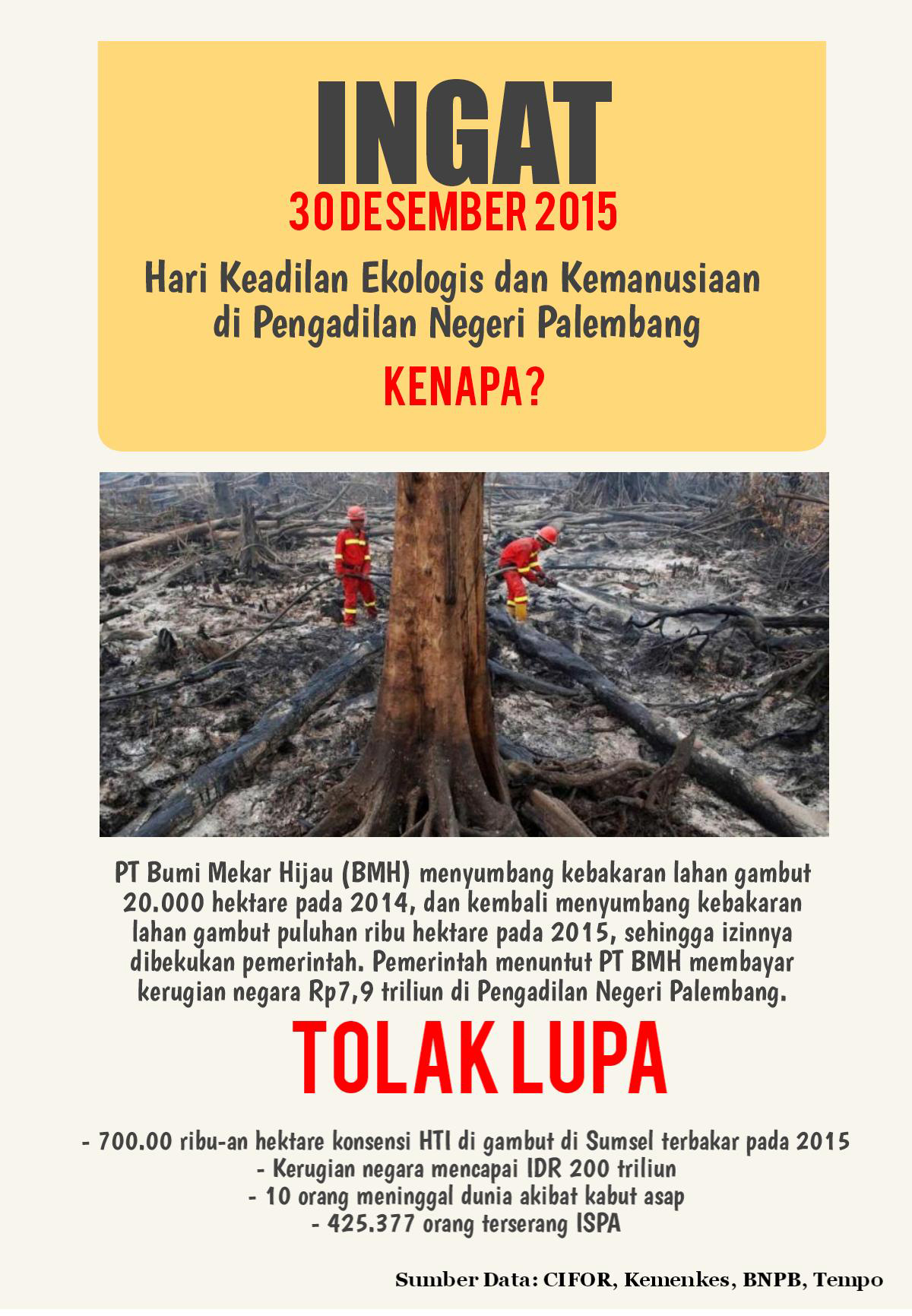 Poster tolak lupa terhadap persoalan PT. BMH. Akankah keadilan ekologis ditegakkan di Pengadilan Negeri Palembang pada 30 Desember 2015? Sumber: Facebook Made Ali