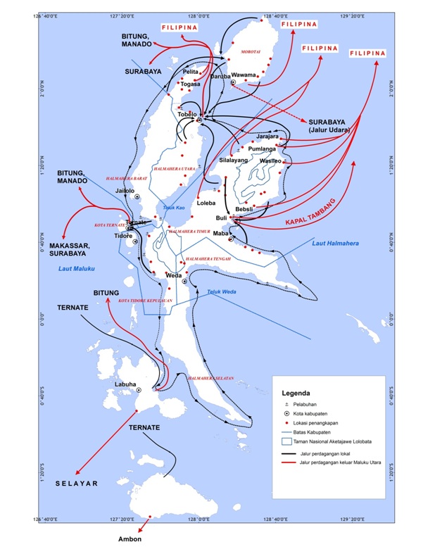 Peta jalur perdagangan burung paruh bengkok di Maluku Utara. Sumber : Burung Indonesia, 2012