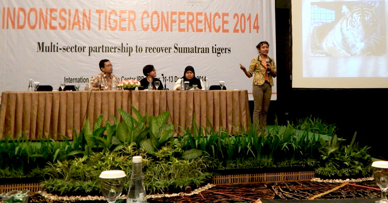 Yanti ketika mempresentasikan materi dalam "Indonesian Tiger Conference 2014" di Bogor, Desember. Foto: Dok. Yanti