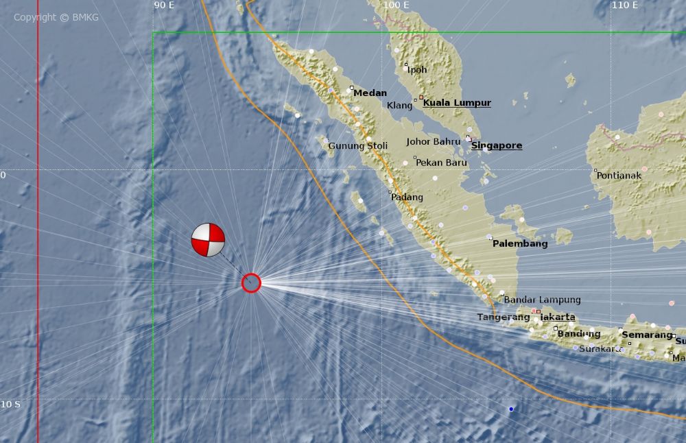 Peta lokasi pusat gempa bumi dan mekanisme sumber gempa bumi tanggal 2 Maret 2016, pukul 19:49:41 WIB di Kepulauan Mentawai. Sumber peta: BMKG 