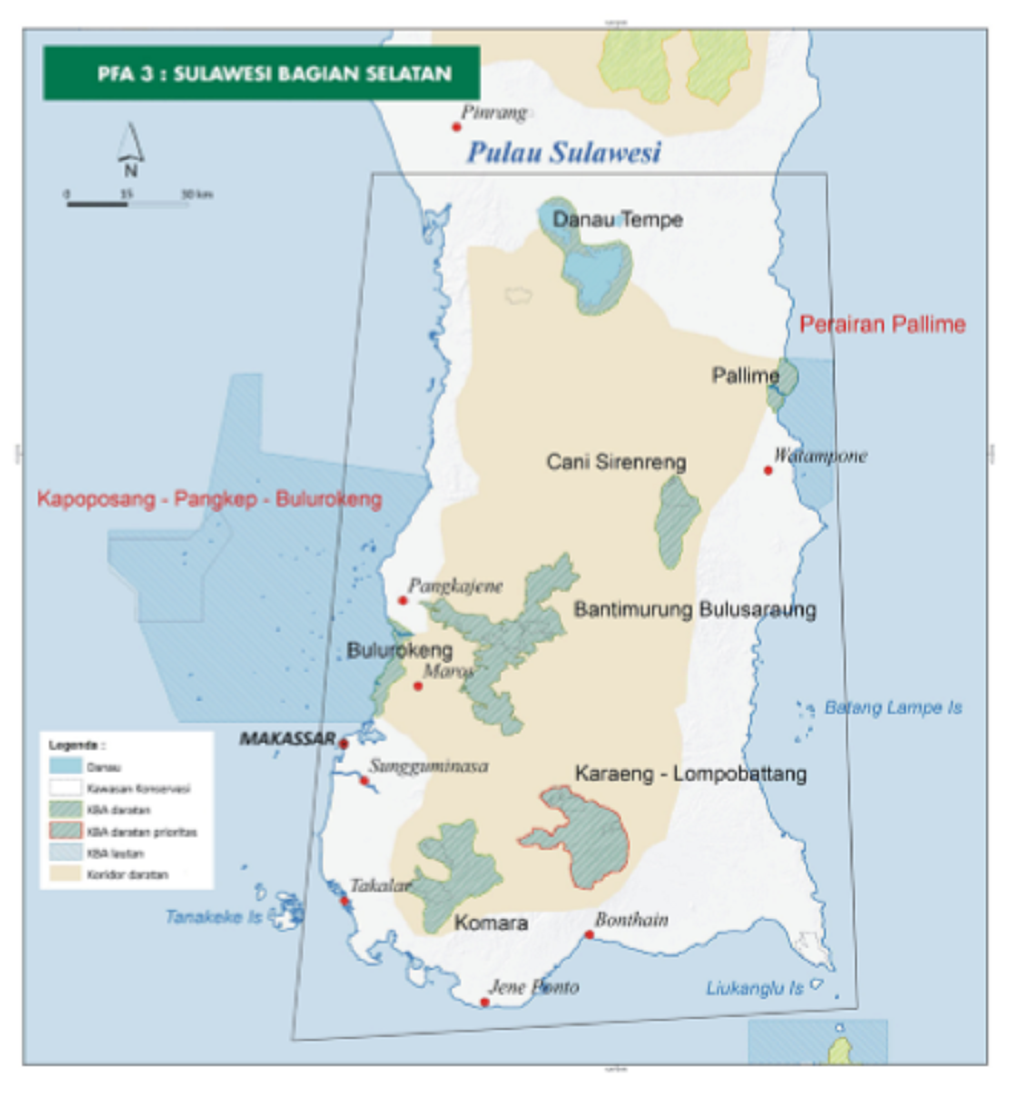 KBA prioritas di Sulawesi Selatan, terdiri dari 7 KBA, terbenteng sepanjang kawasan Sulsel. Koridor ini dimulai di utara dari KBA Danau Tempe yang terdiri dari Danau Sidenreng di Kabupaten Sidenreng Rappang serta Danau Tempe di Kabupaten Wajo. Koridor berlanjut sampai ke bagian selatan pada blok hutan di KBA Komara dan KBA Karaeng – Lompobattang di Kabupaten Gowa, Jeneponto, dan sekitarnya. Sumber : Burung Indonesia