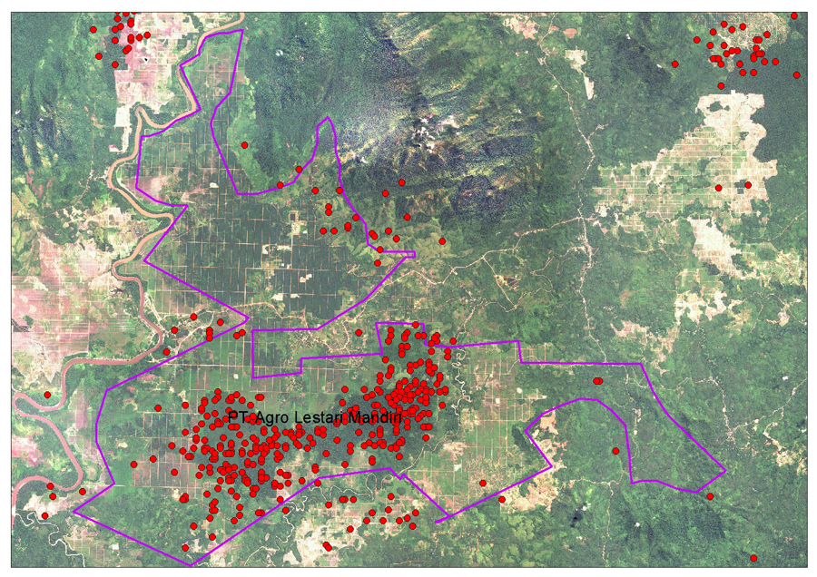 Citra Satelit Modis yang menunjukkan kebakaran yang terjadi di PT. Agro Lestari Mandiri 2015. Sumber peta: Swandiri Institute