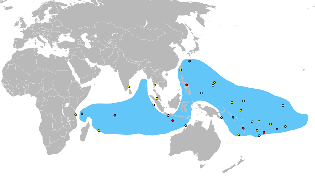 Peta persebaran kepiting kelapa. Sumber : wikimedia 