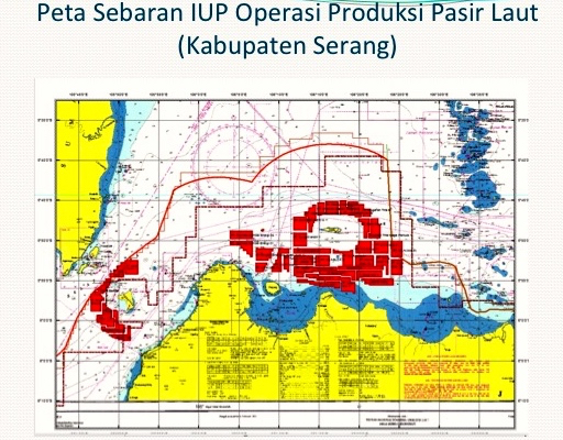 Pulau Tunda, berada di tengah-tengah lingkaran merah (eksploitasi pasir laut). Sumber: Pemda Banten