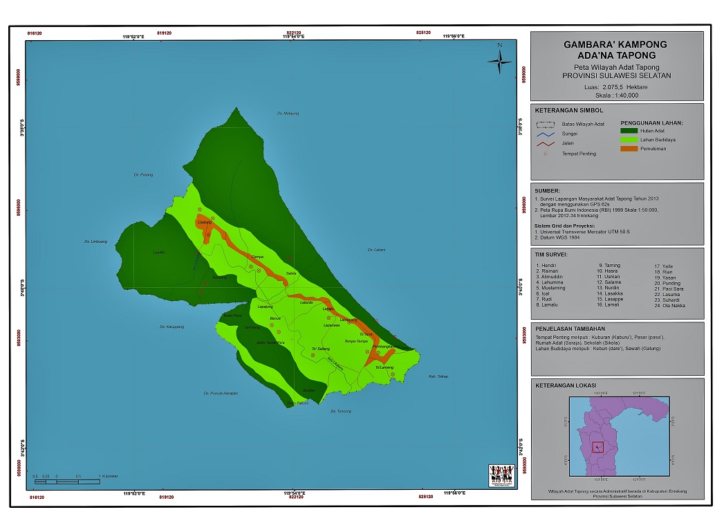 Peta kawasan adat Tapong, Enrekang, Sulsel hasil pemetaan partisipatif yang dilakukan oleh warga atas dampingan dari Unit Kerja Pelayanan Pemetaan Partisipatif (UKP3) AMAN Sulsel. Sumber: UKP3/Syafruddin