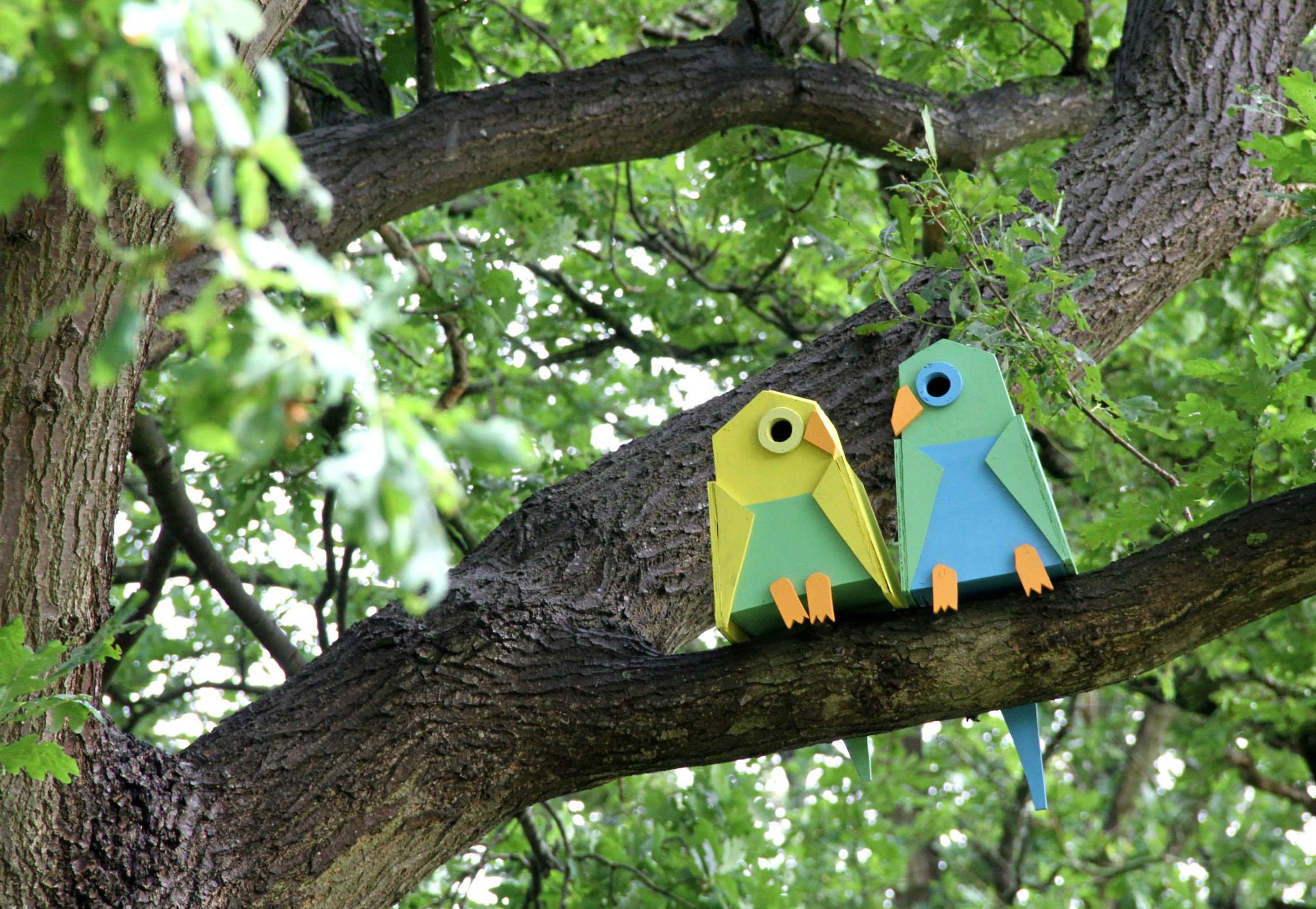 Rumah burung berbentuk burung yang dipasang di pohon di sebuah taman kota. Foto : thomasdambo.com