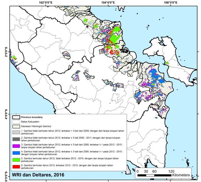 Peta Indikatif Restorasi dan KHG Sumsel. Peta: WRI dan Deltares 2016
