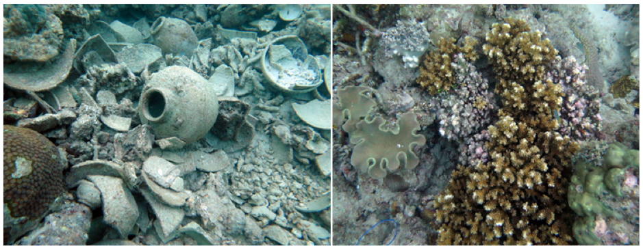 Bagian-bagian guci yang tersisa di dasar laut bercampur dengan pasir dan karang di sekitar lokasi 