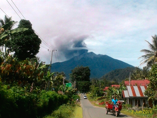 Gunung Kerinci menyemburkan asap hitam pada Jumat 3 Juni 2016, Foto: diambil dari kaki Gunung Kerinci oleh Sekretaris BPPBD Kabupaten Solok Selatan, Sumardiyanto