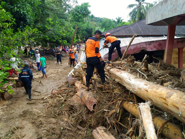 Kayu-kayu gelondongan sisa longsor di Surantiah hulu, Nagari Lubuk Alung, kecamatan Lubuk Alung, kabupaten padang Pariaman, jumat (17/6/16). foto Donal Chaniago