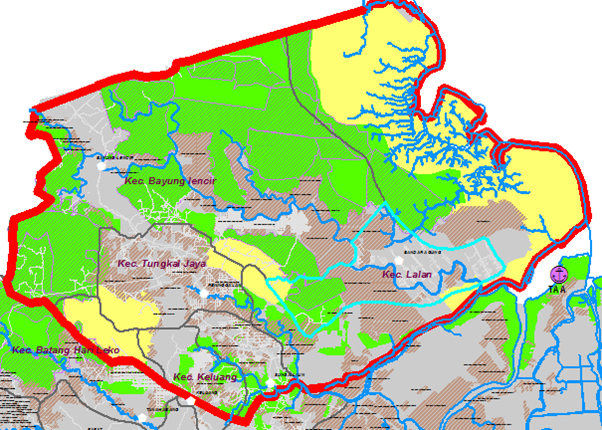 Wilayah Kecamatan Lalan (Landskap Dangku-Sembilang). Peta: Pemkab Muba