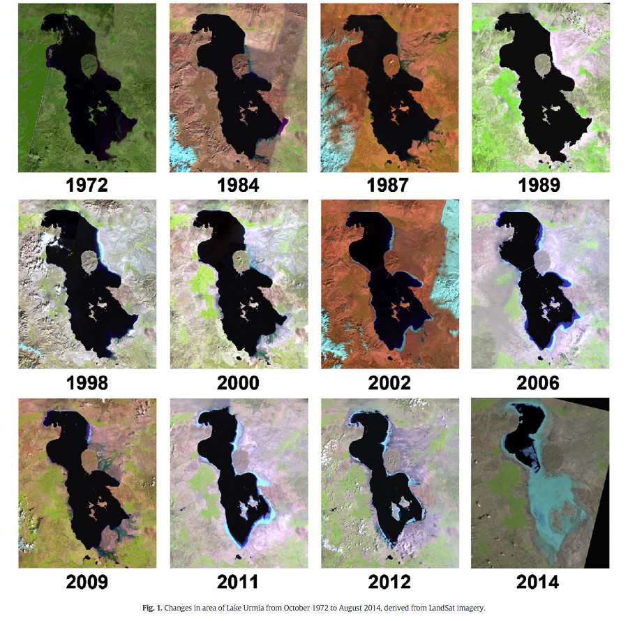 Seri foto citra Satelit Landsat dari Danau Urmia Iran dari Oktober 1972 sampai Agustus 2014 yang menunjukkan perubahan kondisi danau tersebut. Foto : Landsat/NASA 