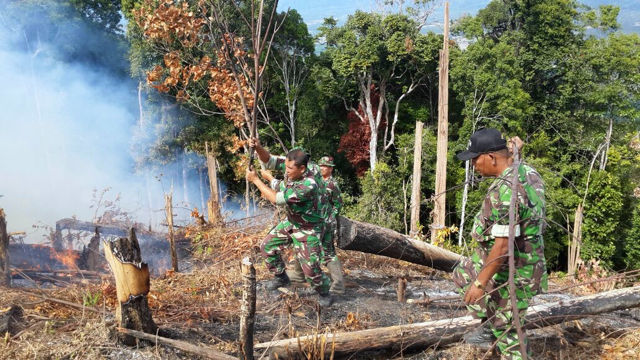 Anggota TNI Dari Kodim 0305 memadamkan api dengan peralatan seadanya. Kebakaran hutan ini terjadi pada minggu malam 210816 Kecamatan Mapattunggul Selatan, Kabupaten Pasaman. Foto: Yulisman