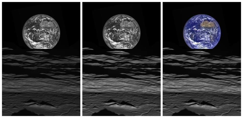 Foto Bumi dan Bulan dalam tiga versi berbeda.Di sebelah kiri Bumi dan Bulan memiliki kontras yang sama, di tengah kecerahan Bulan meningkat relatif terhadap Bumi, dan di sebelah kanan Bumi terlihat berwarna. Foto: NASA