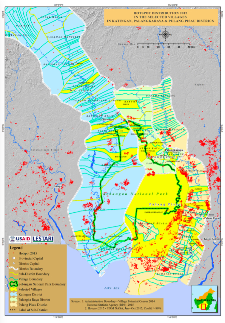 Peta distribusi hotspot titik api di dalam dan sekitar kawasan TN Sebangau pada tahun 2015. Dok: USAID Lestari