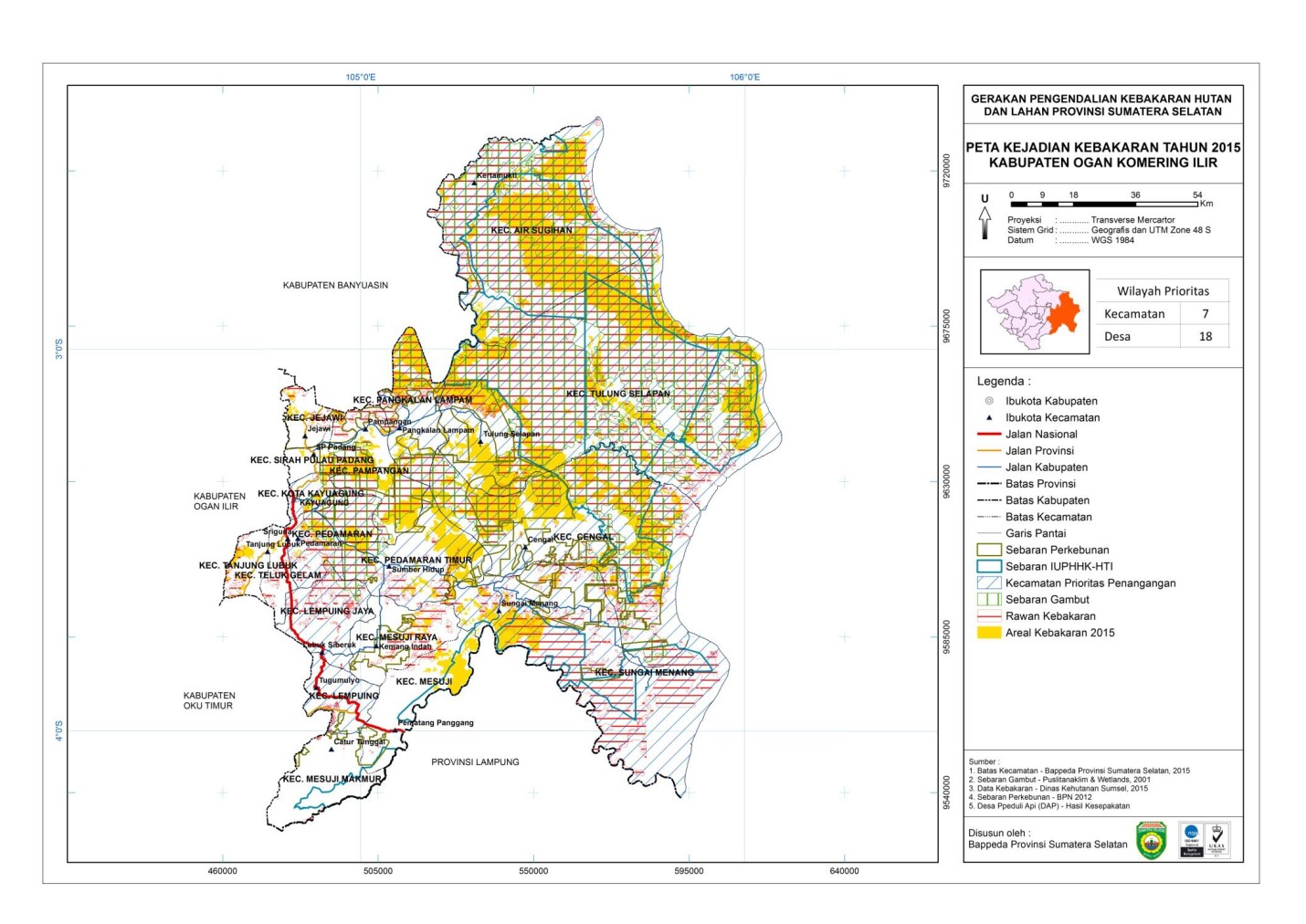 Peta kebakaran (gambut) di Kabupaten OKI, tidak ada di wilayah Kecamatan SP Padang. Peta: Pemprov Sumsel
