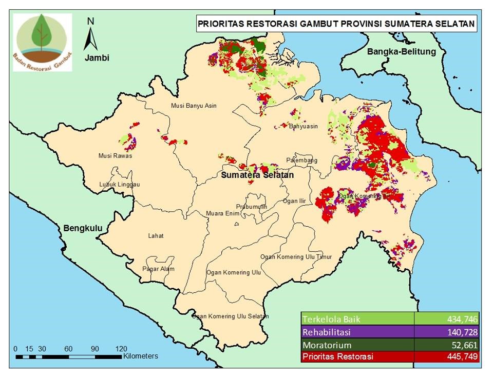 Peta indikatif restorasi gambut di Sumsel. Peta: BRG