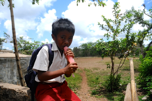 Seorang anak sekolah dasar di desa Kamanggih, Kecamatan Kahaungu Eti, Sumba Timur, NTT, menikmati es pada jam istirahat. Pada 2011, berkat PLTMH masyarakat telah dapat memiliki lemari pendingin. Foto: Eko Rusdianto
