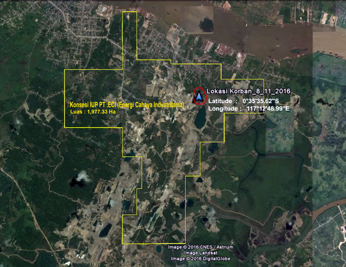 Lokasi dua pelajar tenggelam yang berada di konsesi PT. ECI. Sumber: Jatam Kaltim