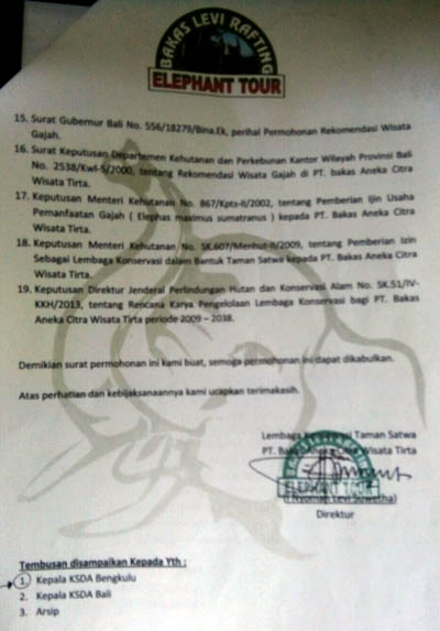 Surat yang dikirimkan PT. Bakas Aneka Citra Wisata Tirtauntuk permintaan gajah sumatera. Dok. BKSDA Bengkulu - Lampung
