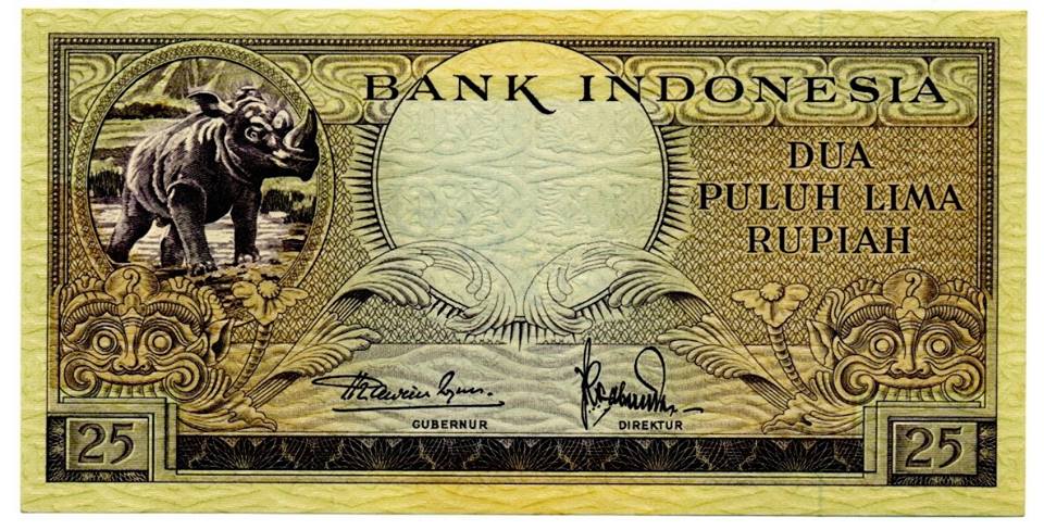 Badak sumatera dalam pecahan dua puluh lima Rupiah terbitan tahun 1957. Foto: WIkipedia