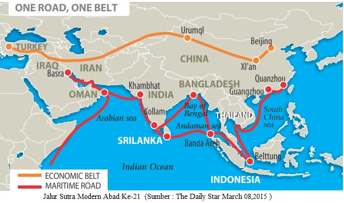 Jalur Sutra Maritim yang ingin dikembangkan Tiongkok. Peta: The Daily Star