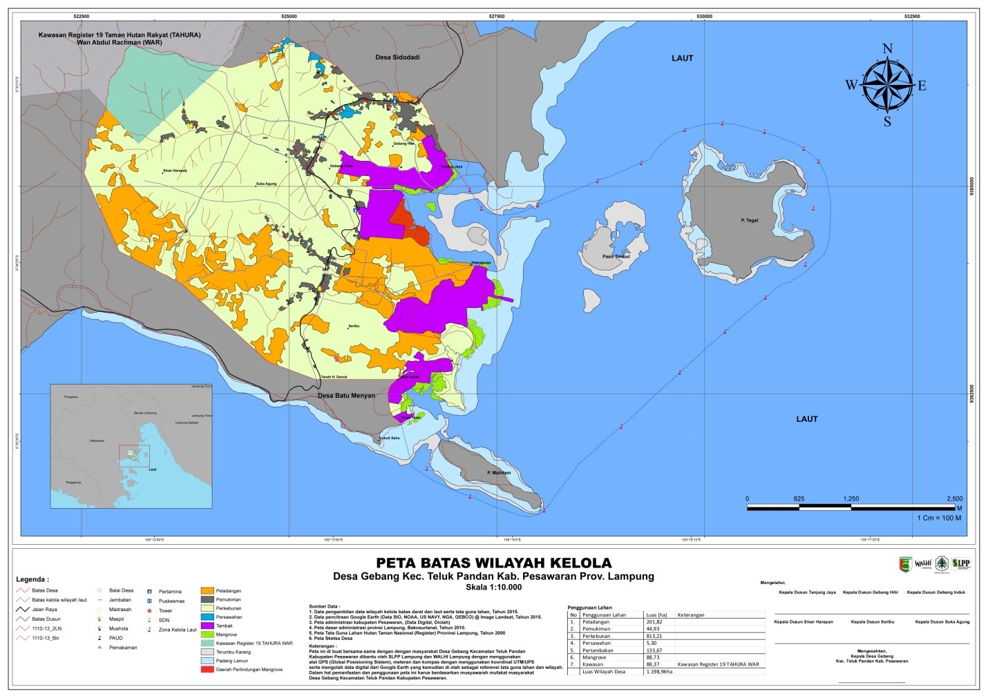 Peta Desa Gebang, Kecamatan Pulau Pandan, Kabupaten Pesawaran, Lampung. Peta: Walhi Lampung