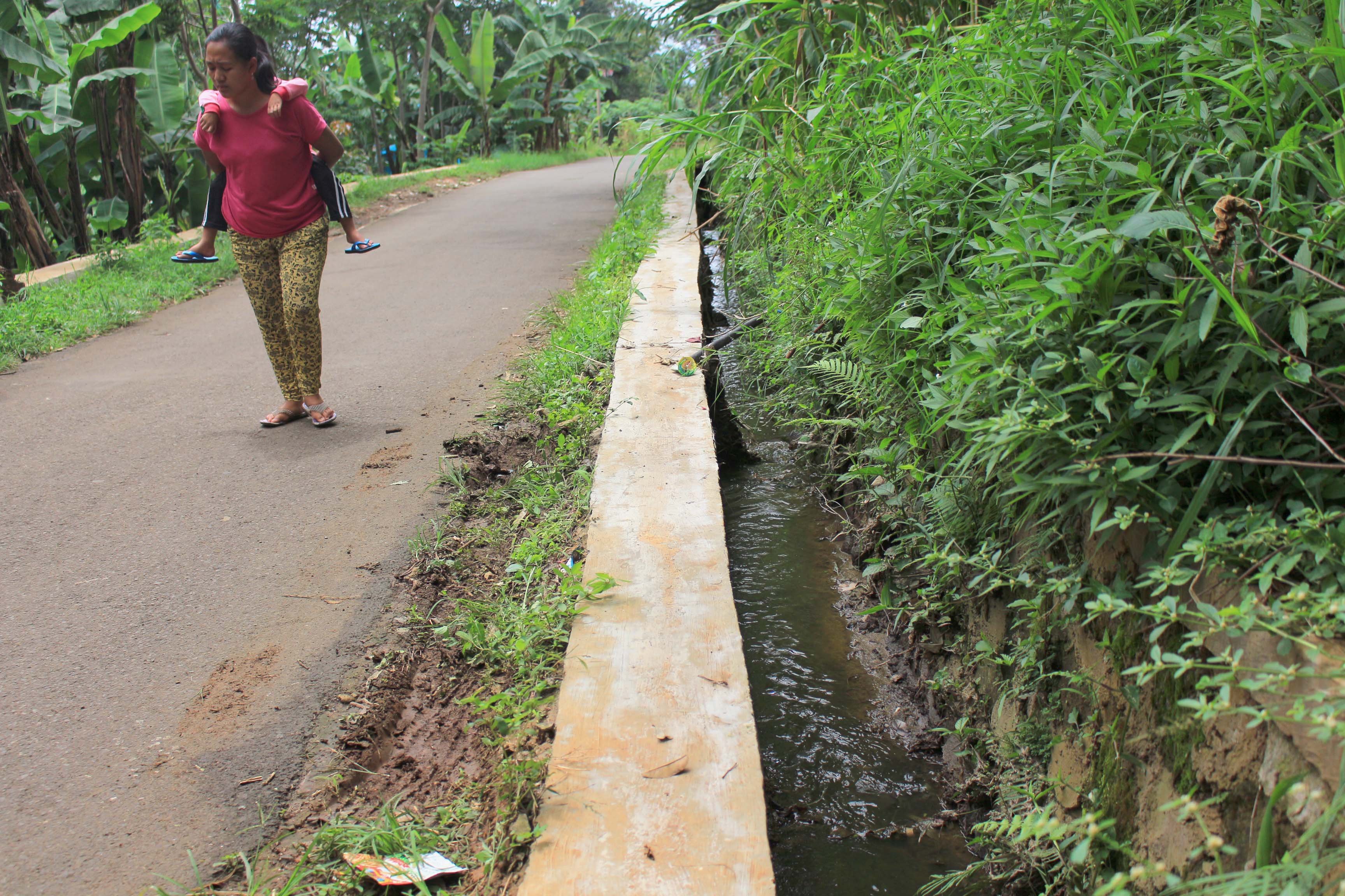 Warga melintas di saluran air yang sudah tercemari limbah sapi di Kampung Cikoneng 1, Desa Cibiru Weta, Kecamatan Cileunyi, Kabupaten Bandung. Dampak dari pencemaran sapi bisa mempercepat sedimentasi di aliran sungai.