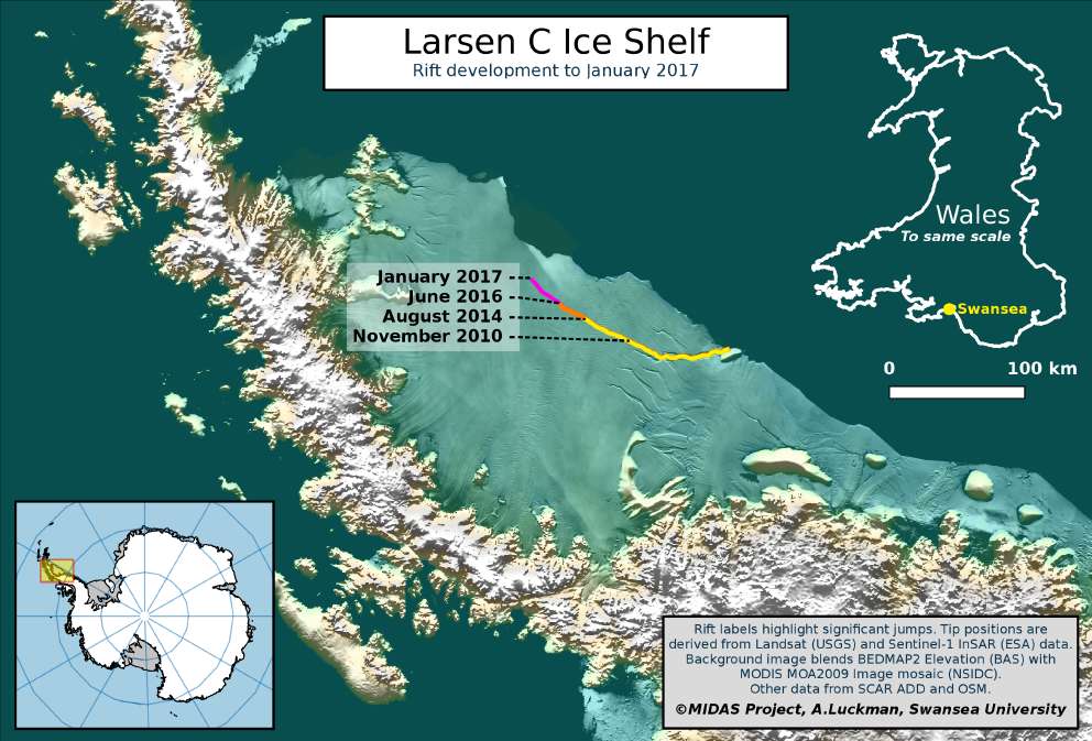 Peta kondisi bentang daratan es Larsen C dan retakannya yang makin memanjang di Kutub Selatan. Sumber : MIDAS / Swansea University / Aberystwyth University