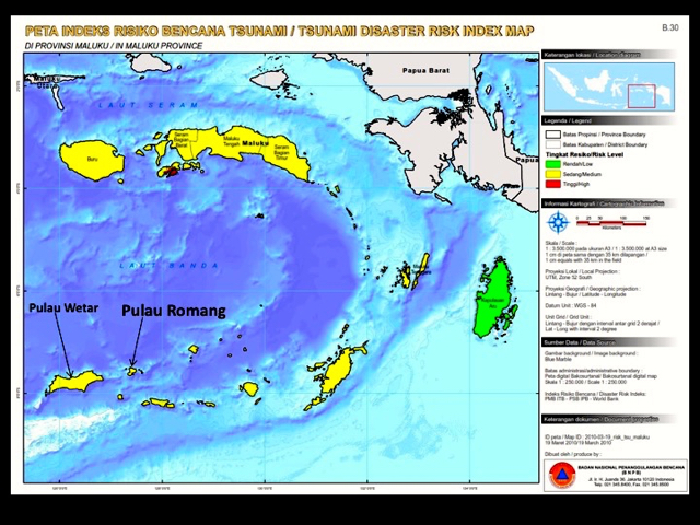 Peta ancaman tsunami sedang di Pulau Romang. Risiko bencana bakal makin parah kala lingkungan rusak. Peta: BNPB