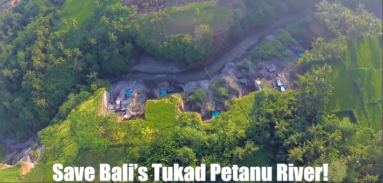 Foto udara sungai Petanu di Kemenuh, Kecamatan Sukawati, Gianyar, Bali yang berubah bentuk karena ditambang sejak awal tahun 2000. Foto : savetukadpetanu.org