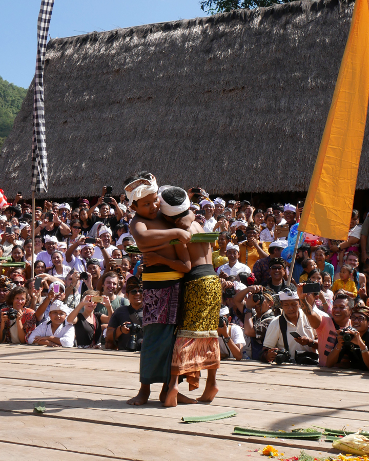 Meriahnya ritual adat perang pandan yang dilakukan anak-anak di Desa Tenganan Dauh Tukad, Manggis, Karangasem, Bali, pada akhir Juni 2018 | Foto: Anton Wisuda/Mongabay Indonesia