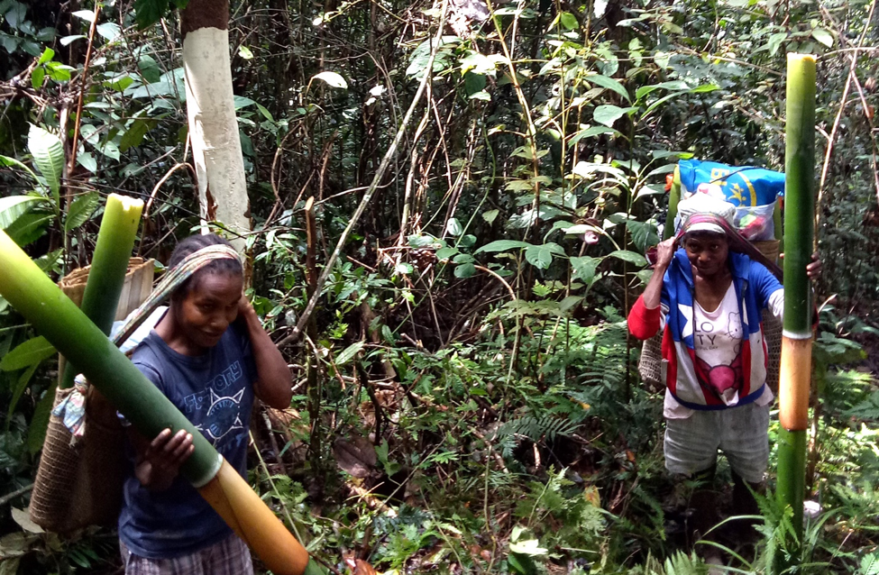 Atafia (kiri) dan Mince (kanan) yang telah siap melanjutkan perjalanan menelusuri hutan adat milik marga Momo Kaa | Foto: Een Irawan Putra
